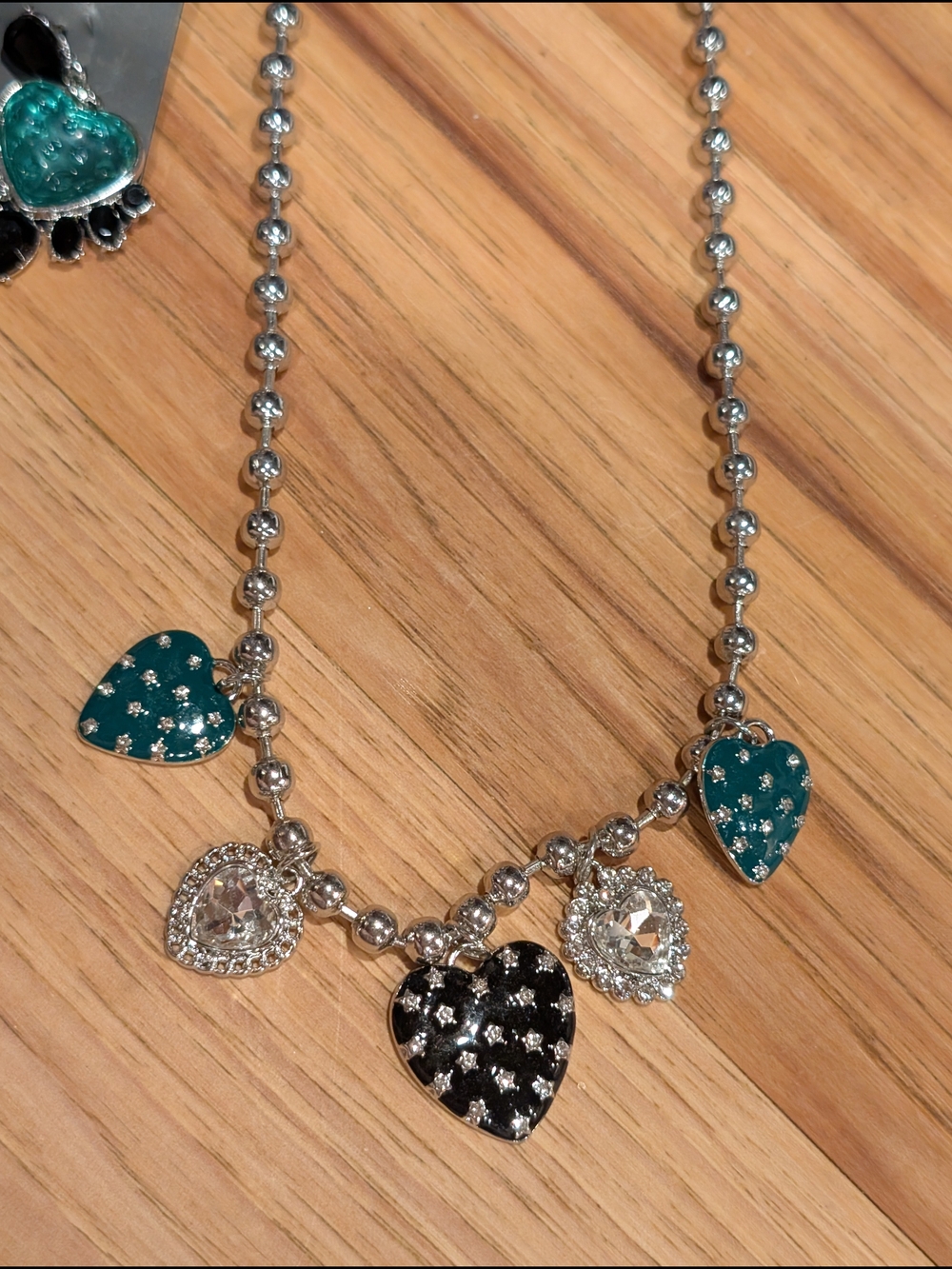 Heart Charm Silver Necklace with Teal and Black Accents With Matched Earrings